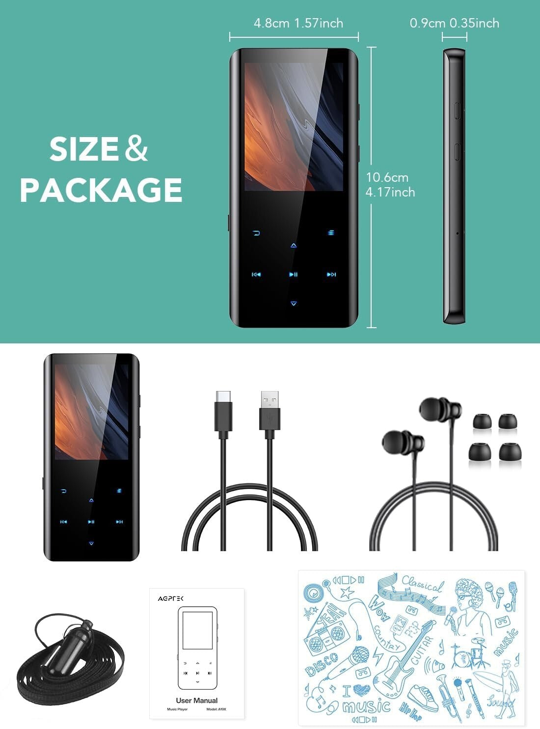 High-Capacity MP3 Player with Bluetooth, Built-in Speaker & FM Radio