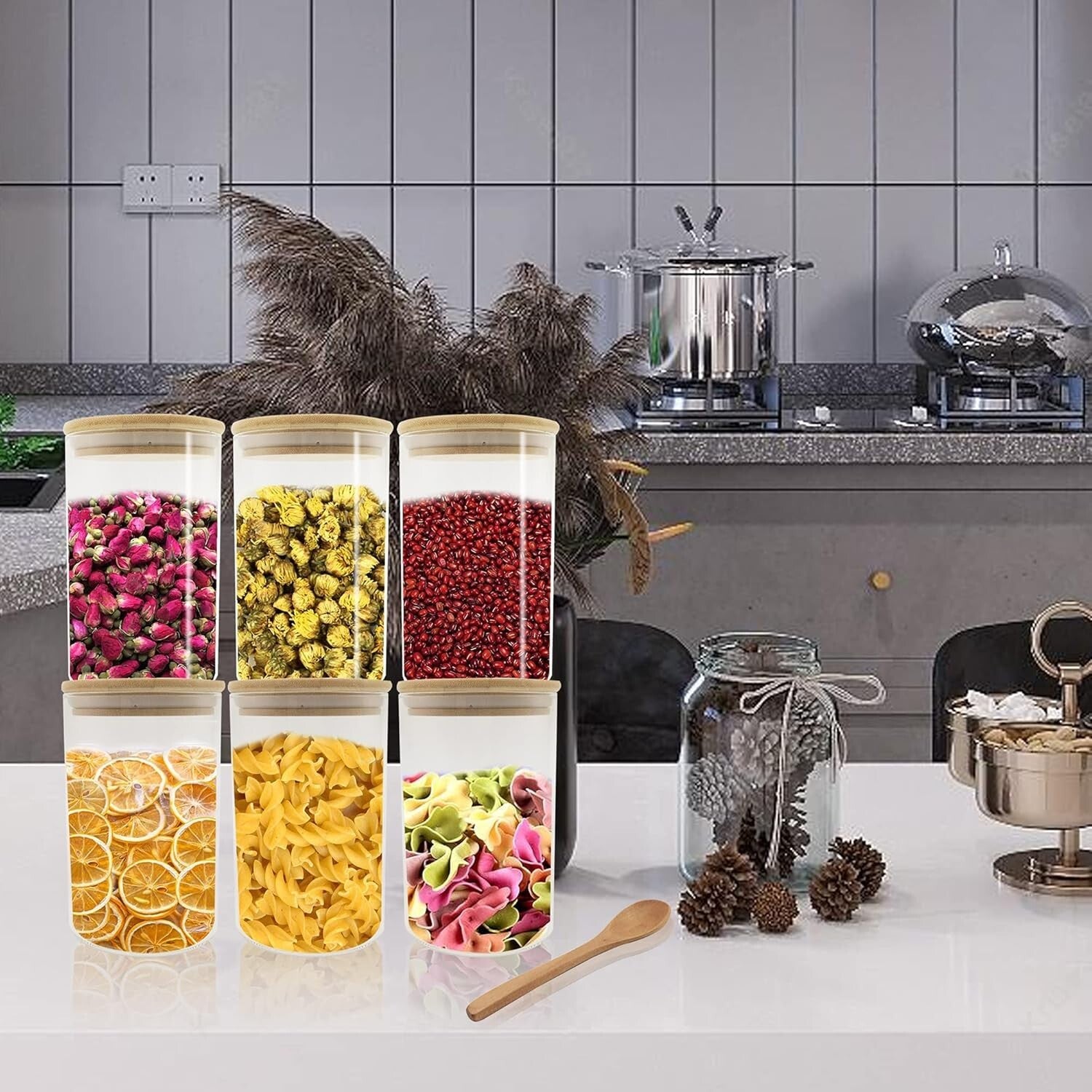 Airtight 27oz Glass Food Jars - 6 Bamboo-Lid Containers with Spoons Included