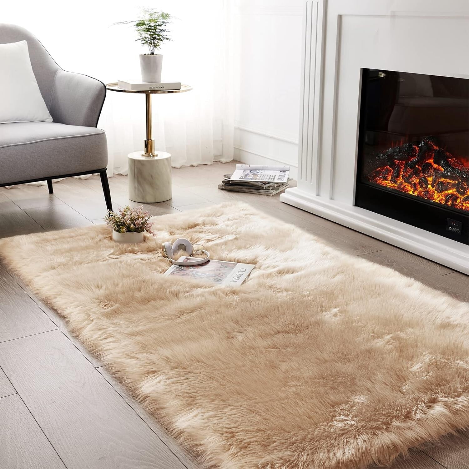 Luxurious 4x6 Feet Beige Faux Sheepskin Shaggy Area Rug for Comfort & Elegance