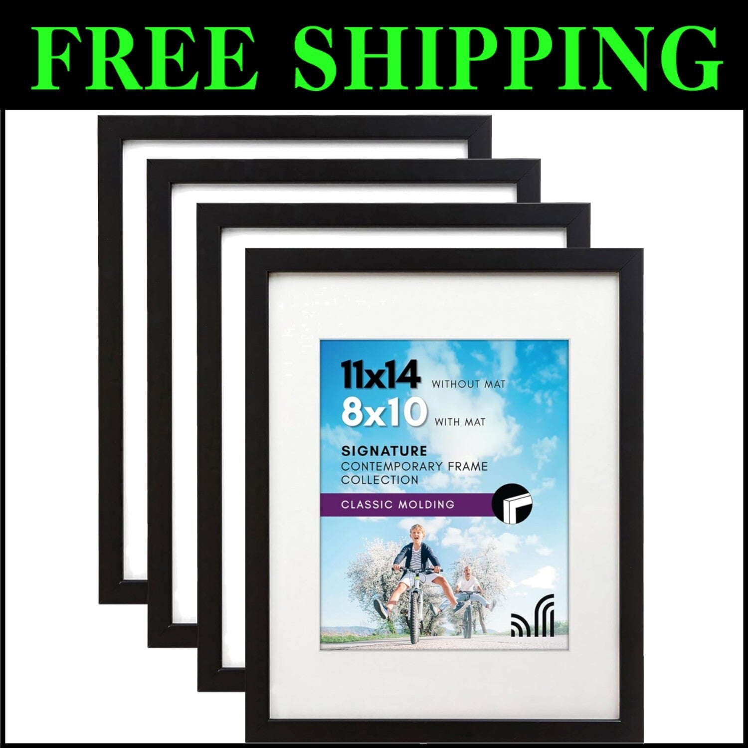 Elegant 11x14 Picture Frame Set of 4 with Shatter-Resistant Glass in Black