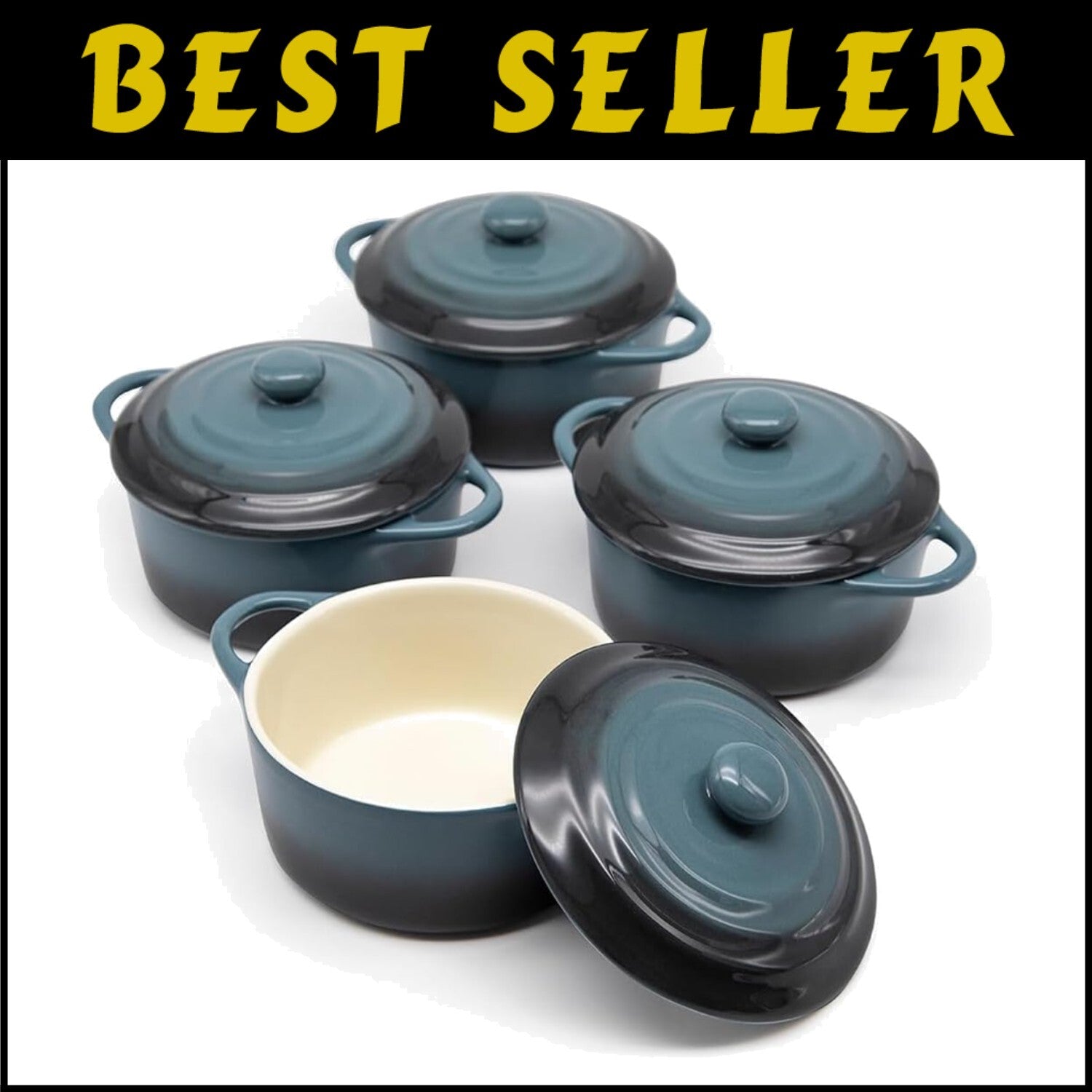Durable Stoneware Cocotte Set - Individual 12 oz Dishes with Lids & Handles