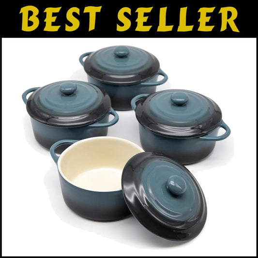 Durable Stoneware Cocotte Set - Individual 12 oz Dishes with Lids & Handles