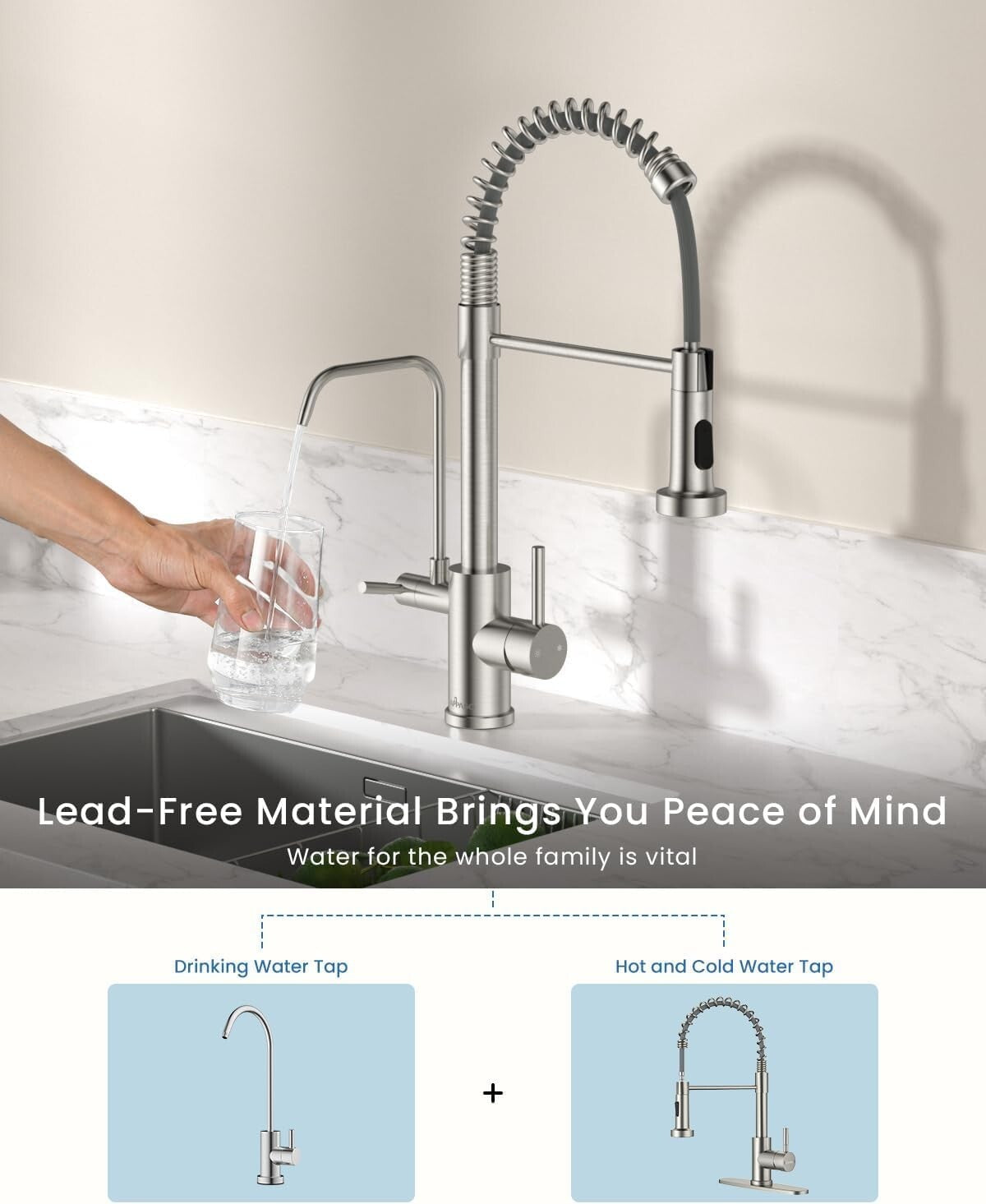 3-in-1 Pull Down Kitchen Faucet with Integrated Drinking Water - Brushed Nickel