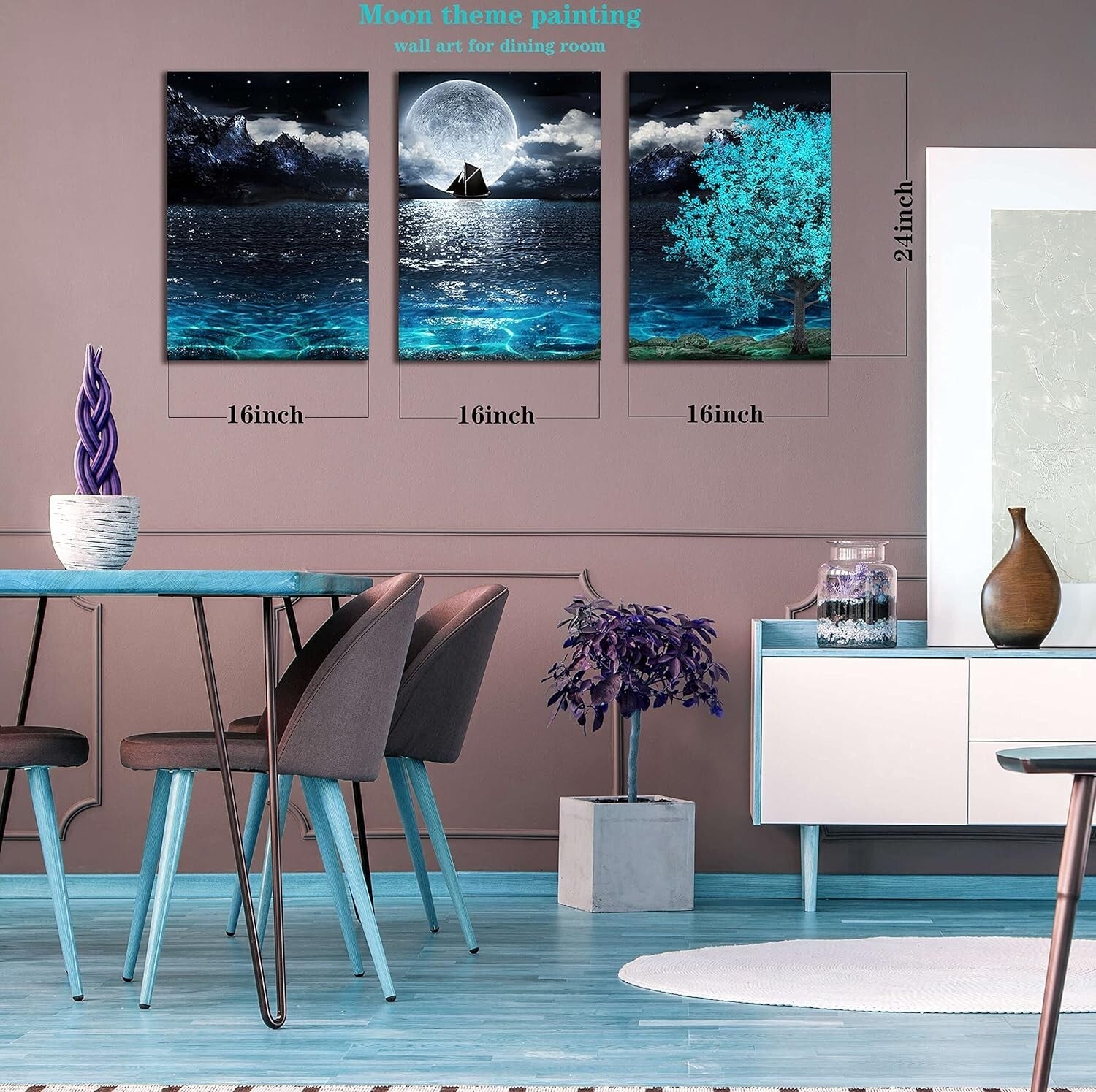 Elegant Teal Moon Wall Art Set - 3 Pieces Canvas for Living Room & Bedroom