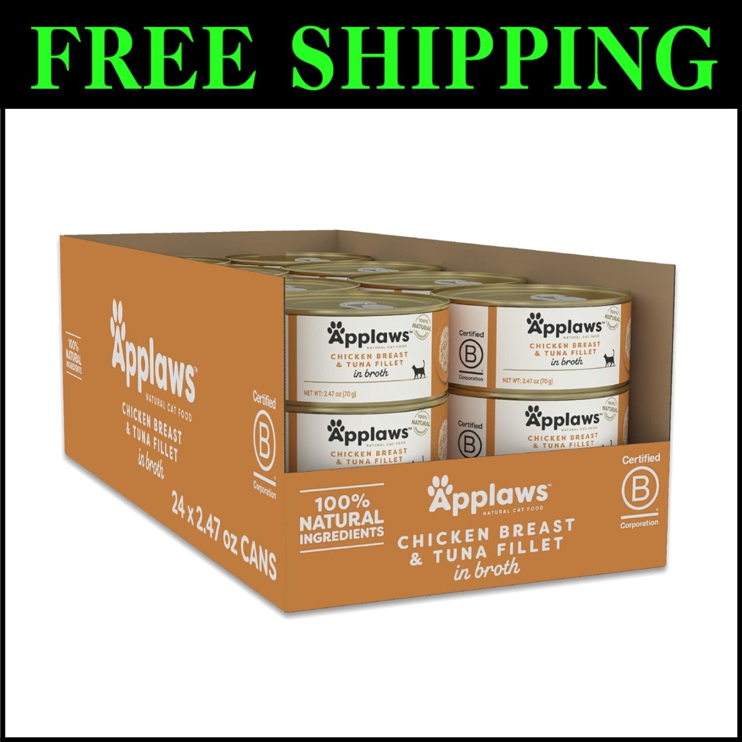 High-Protein Natural Wet Cat Food: Chicken & Tuna Fillet in Broth - 24 x 2.47oz