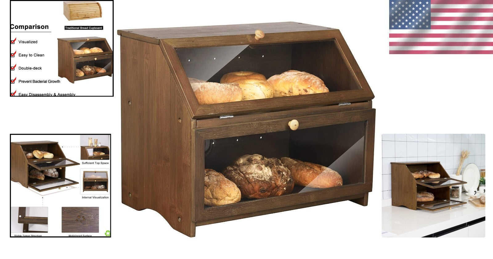Stylish Double Layer Bread Storage Bin with Clear Window - 15.4" L x 9.8" W