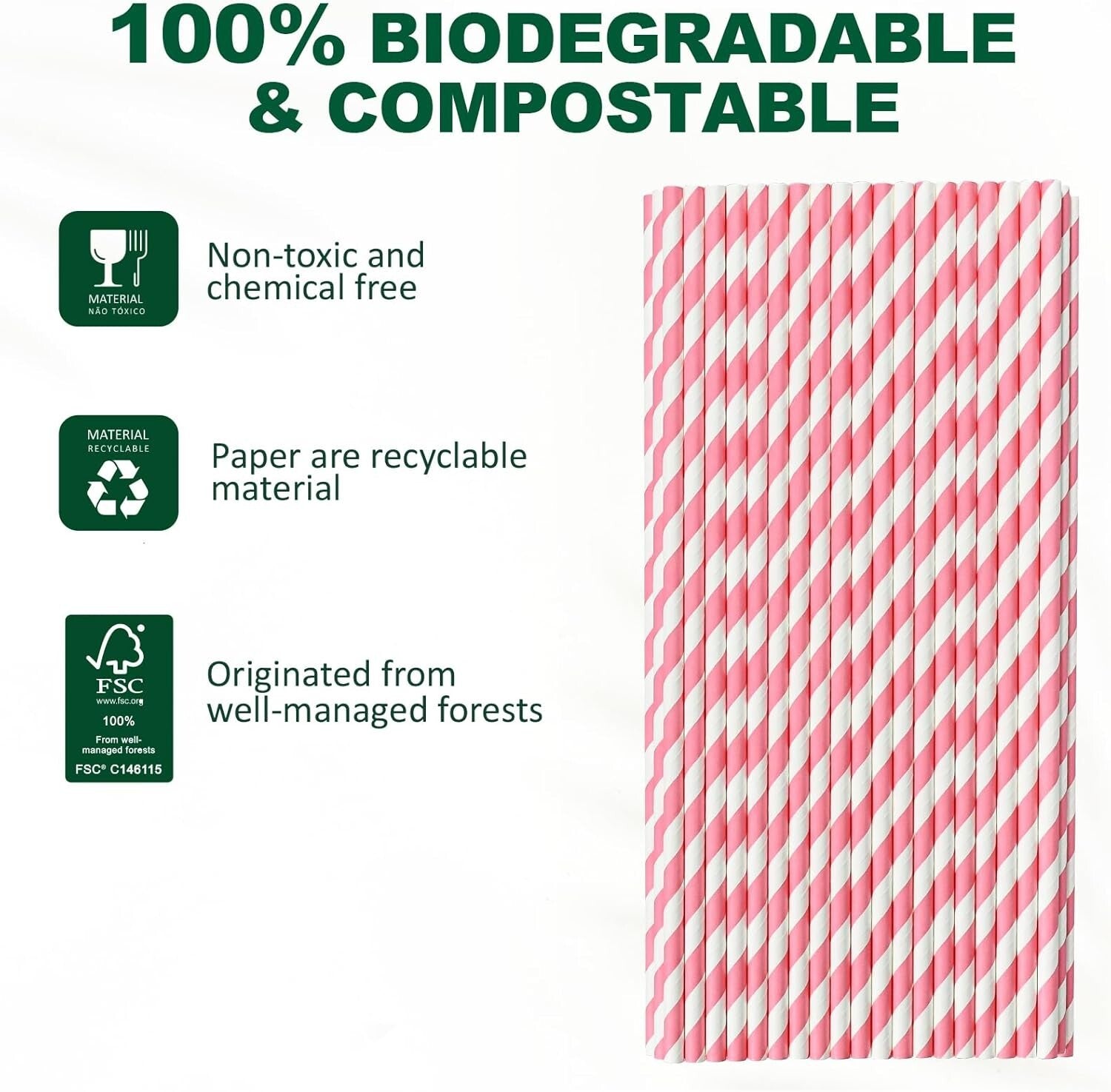 10.25" Pink & White Striped Disposable Paper Straws - 600 Count, Biodegradable