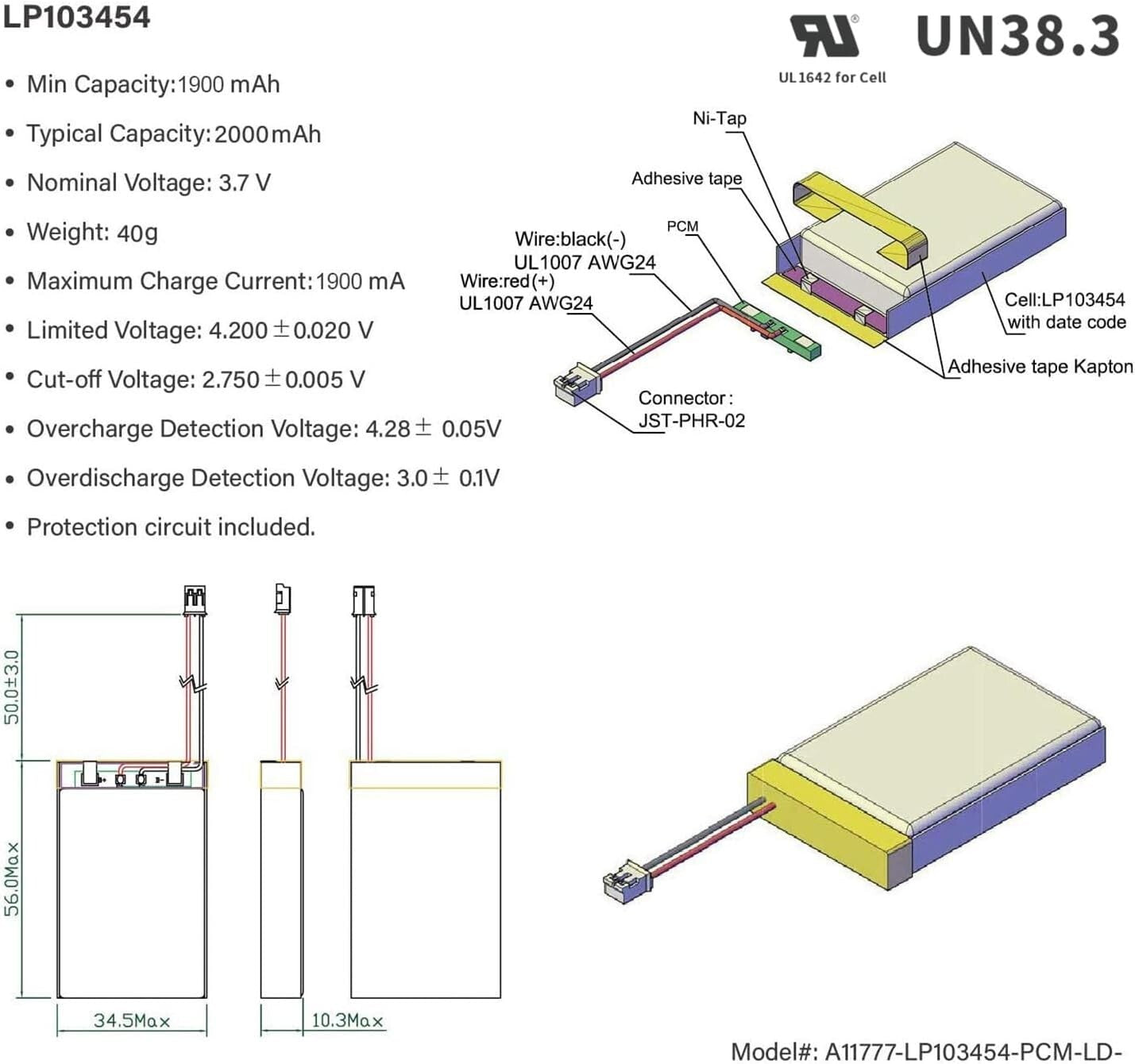 10-Pack 3.7V 2000mAh Lithium Polymer Battery with JST Connector - Reliable Power