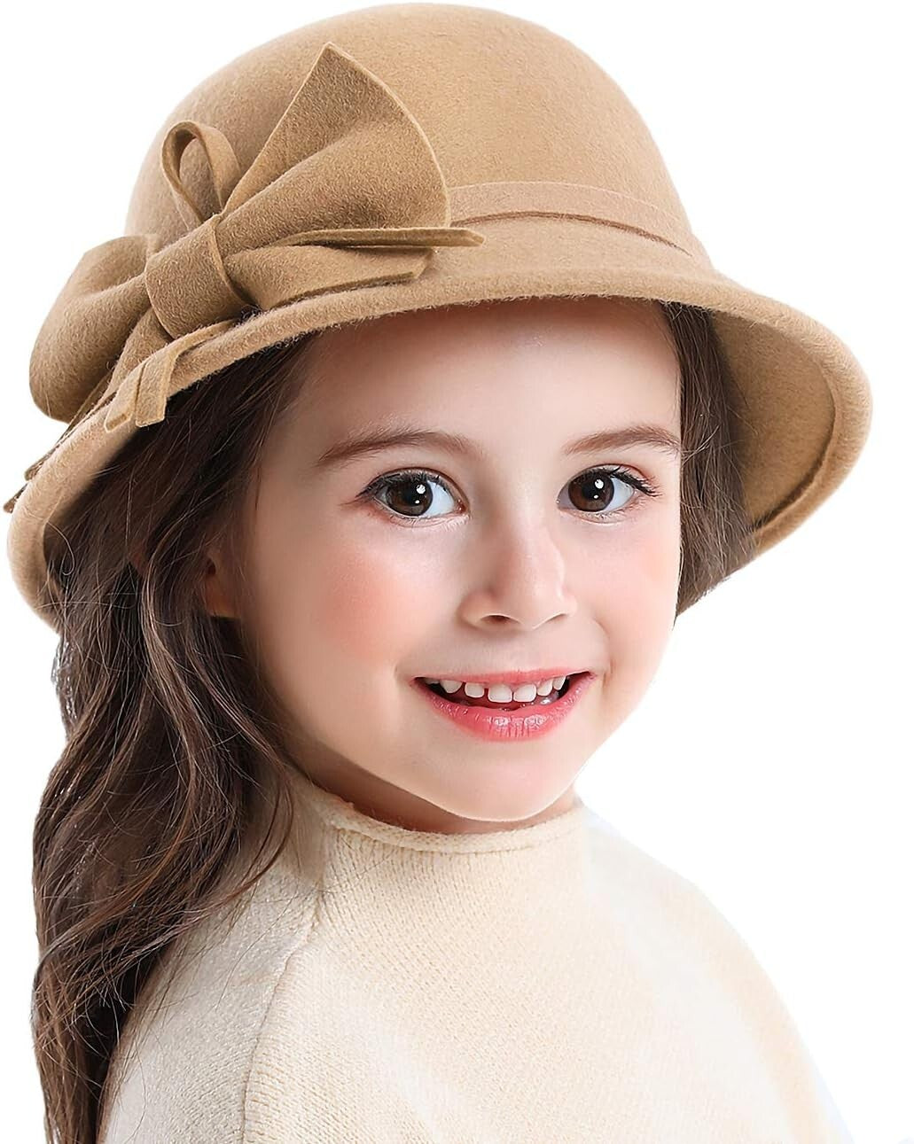 Adorable Girls 100% Wool Bucket Hat with Bowknot - Stylish Winter Fedora