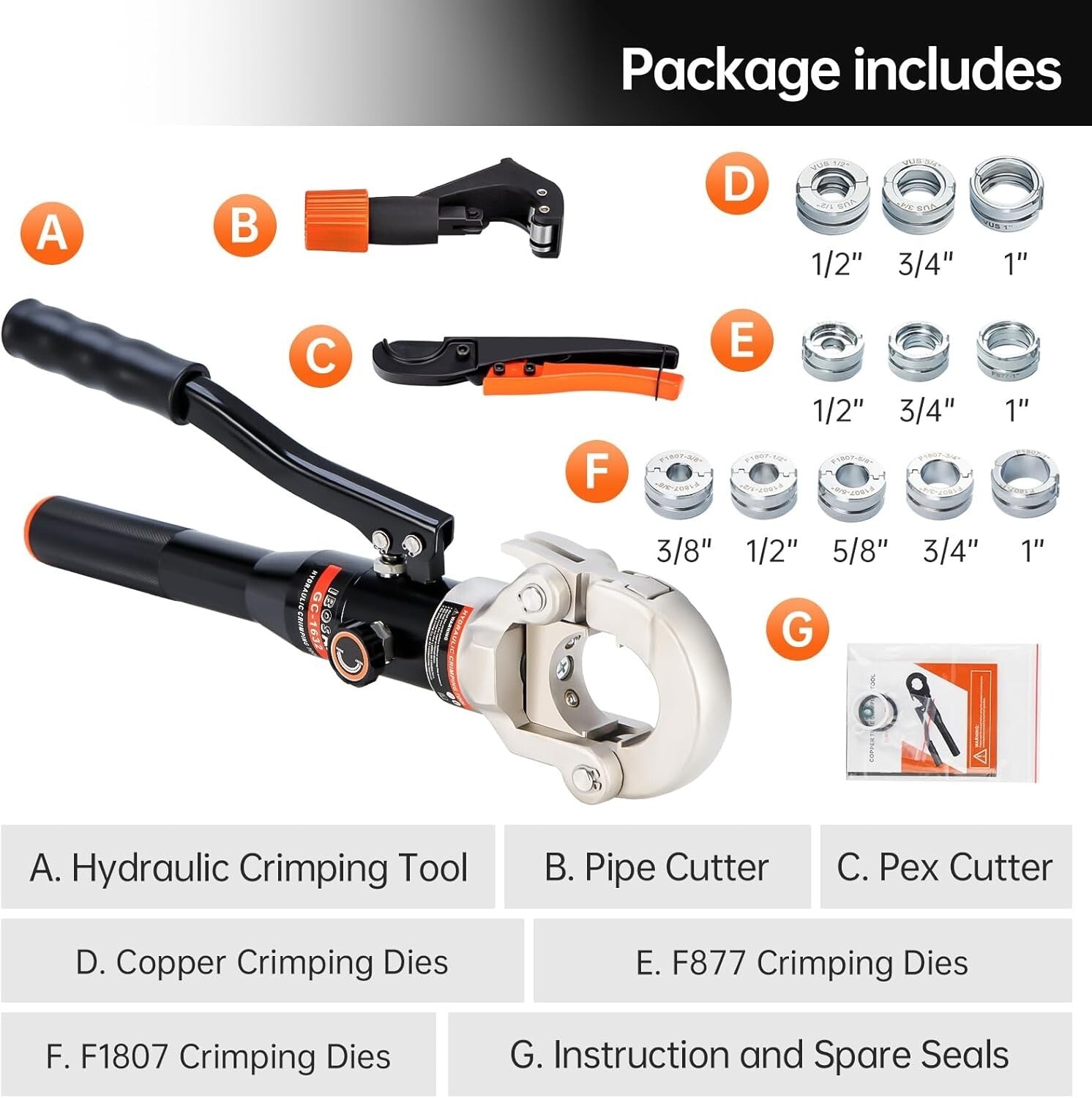 Professional Hydraulic Crimping Tool with 1/2, 3/4, 1 Inch Dies for PEX & Copper