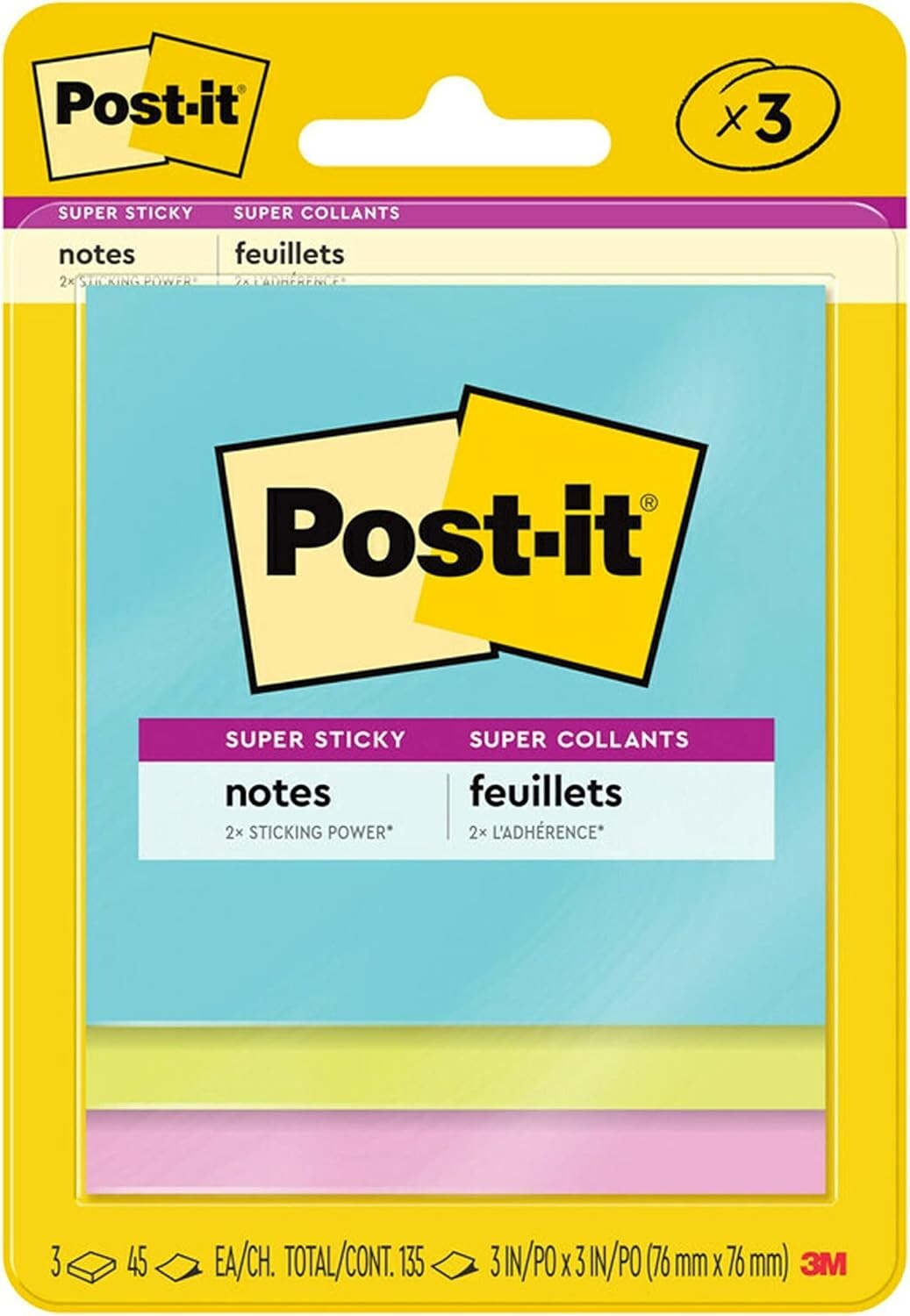 Super Sticky Notes - 3x3 in, 3 Pads, 2X Sticking Power, Neon Colors - Pack of 48