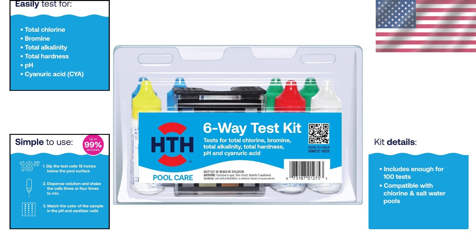 Portable Pool Chemical Tester - 6-Way Test Kit with 100 Test Strips Included