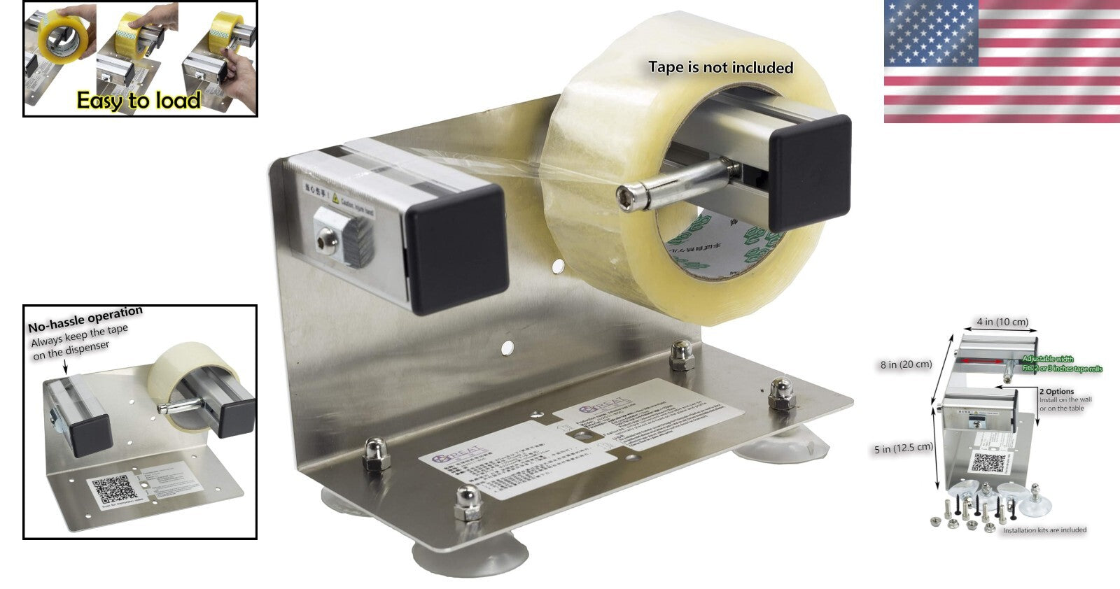 2''/3'' Stainless Steel Desktop & Wall-Mounted Tape Dispenser with Suction Cup