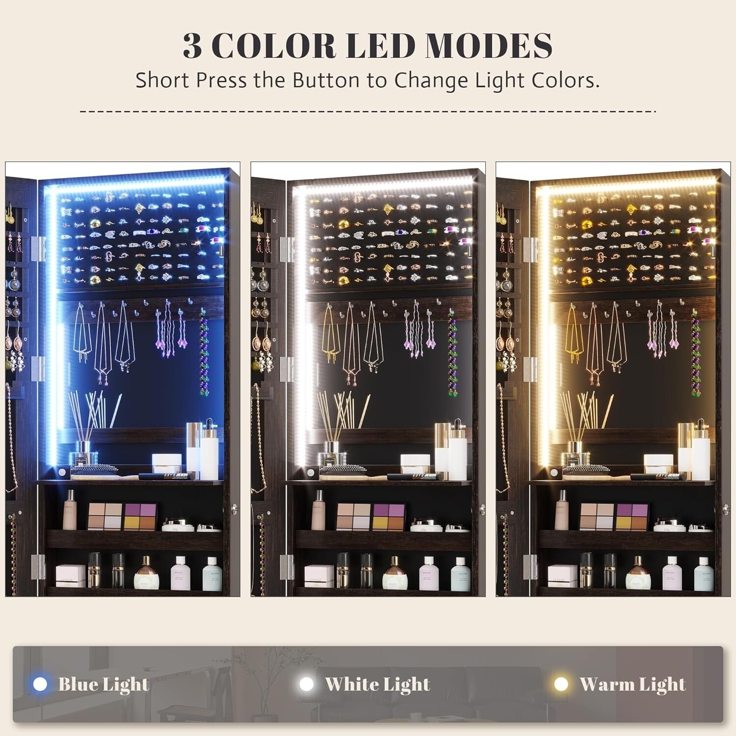 Modern 47.2" Jewelry Storage Cabinet with Full-Length Mirror & Built-in Lighting