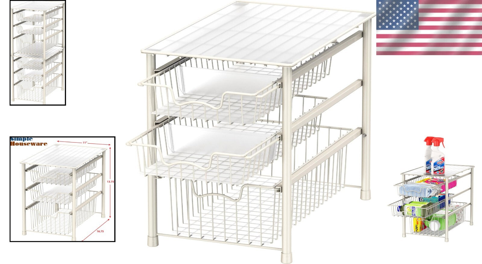 3-Tier Stackable Sliding Basket Storage Organizer for Kitchen & Bathroom - White