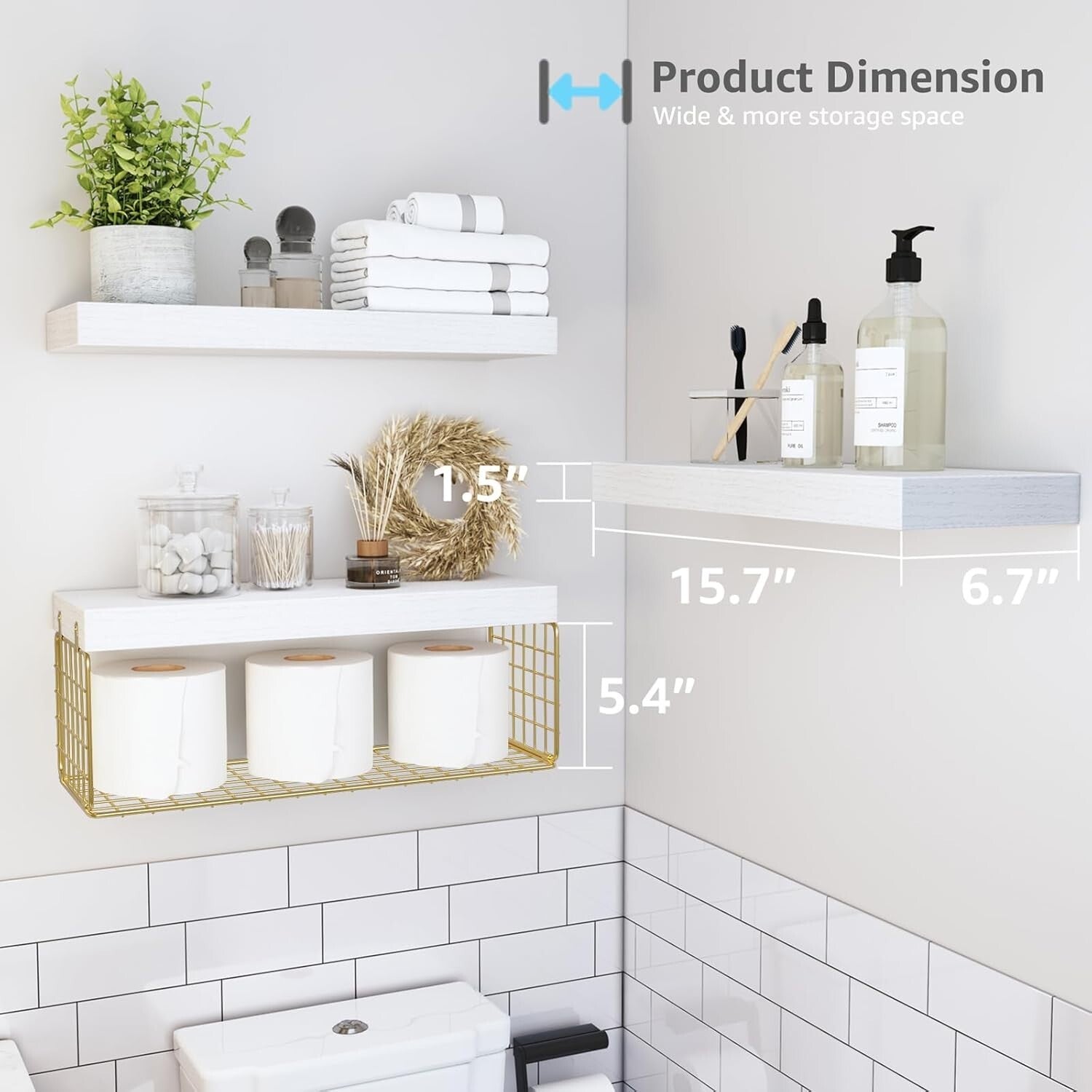 Gold and White Over Toilet Floating Shelves - 3-Piece Bathroom Organizer Set
