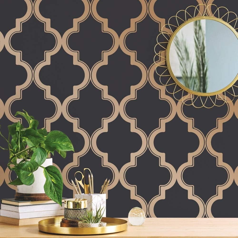 Midnight & Metallic Gold Removable Peel and Stick Trellis Wallpaper, 20.5"x16...