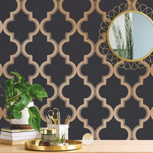 Load image into Gallery viewer, Midnight &amp; Metallic Gold Removable Peel and Stick Trellis Wallpaper, 20.5"x16...