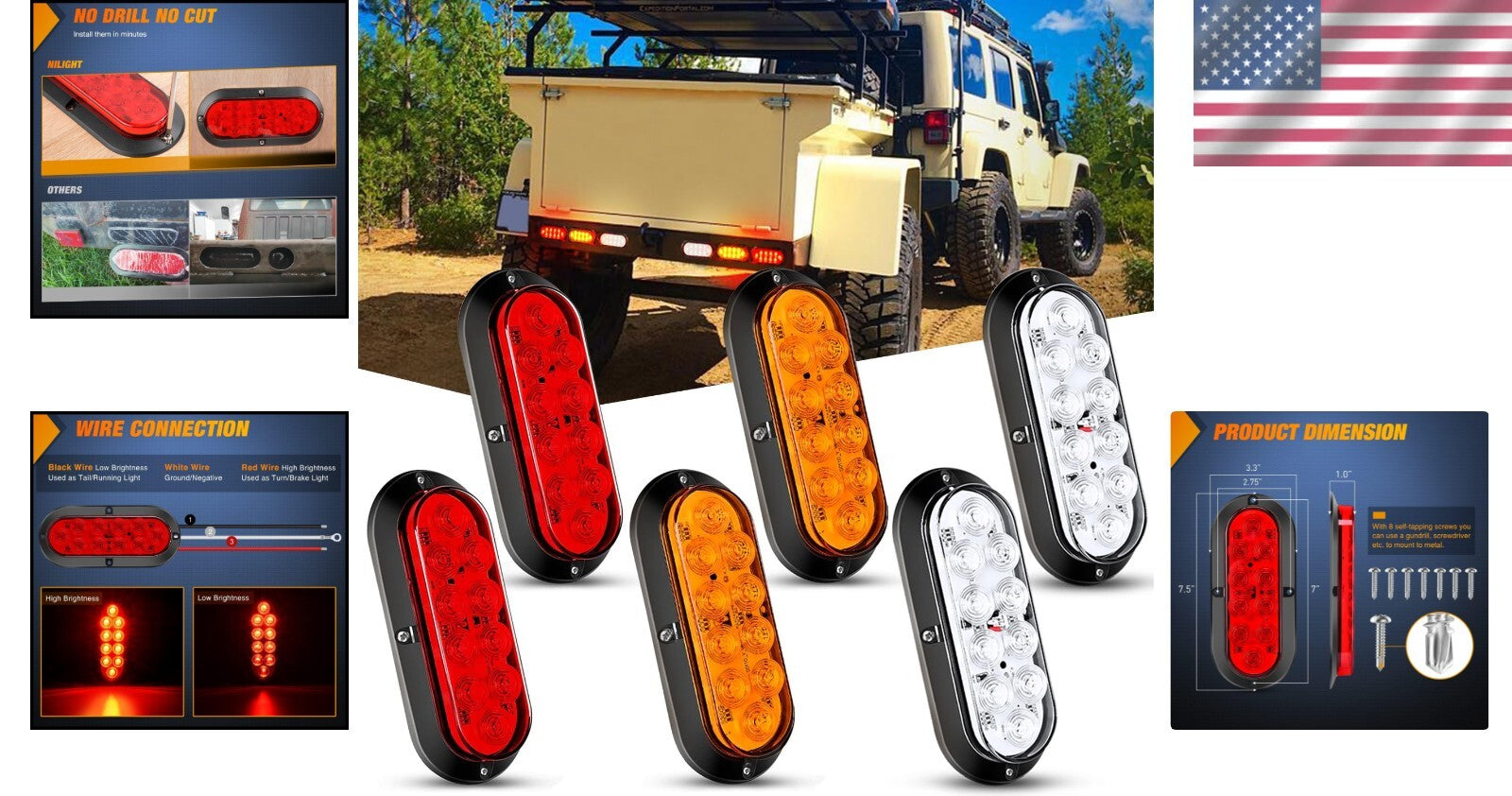 6'' Oval Red-White-Amber LED Trailer Lights - Super Bright, Waterproof 6-Pack