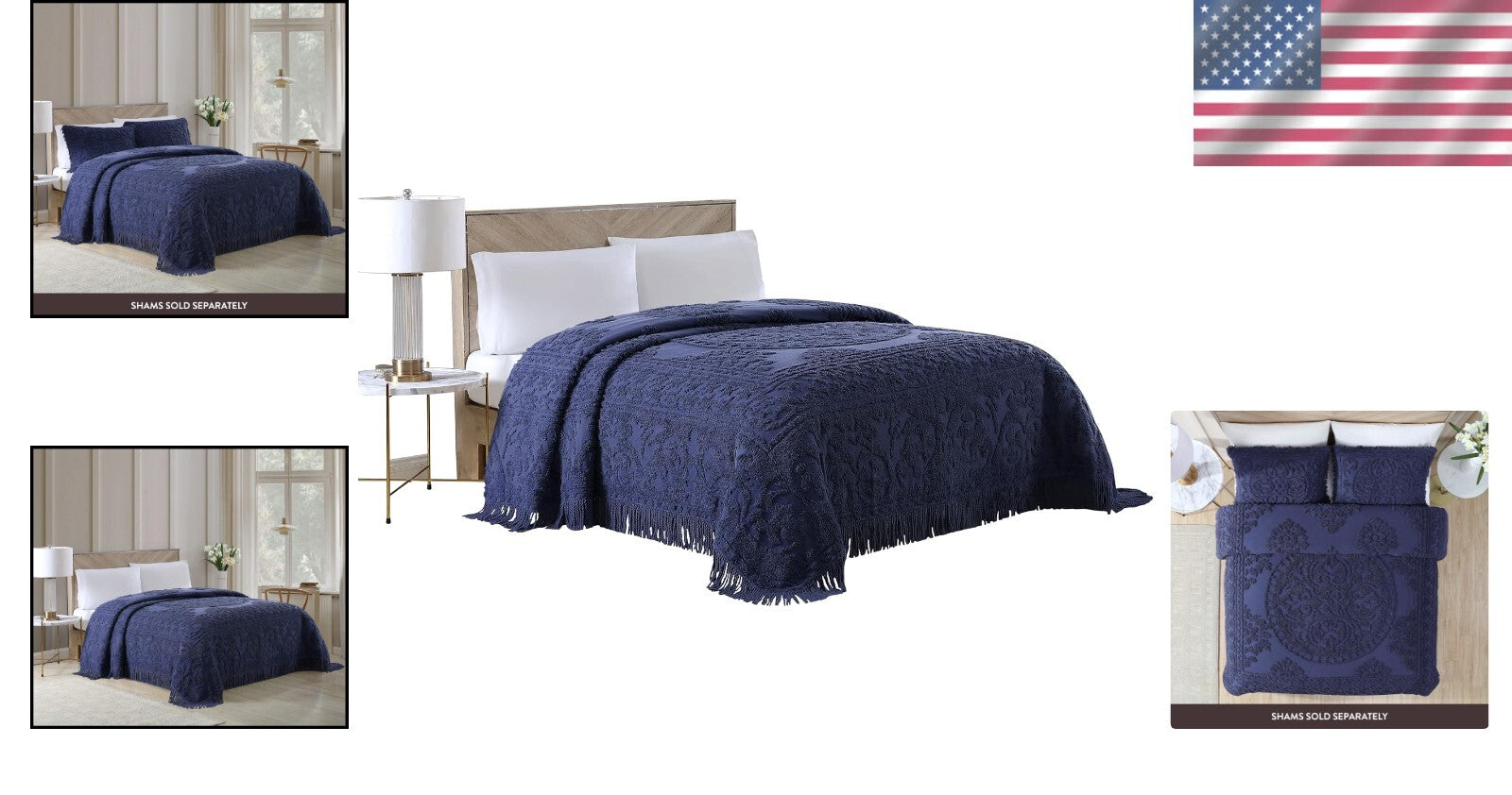 Luxurious Queen Chenille Bedspread in Navy with Elegant Medallion Design