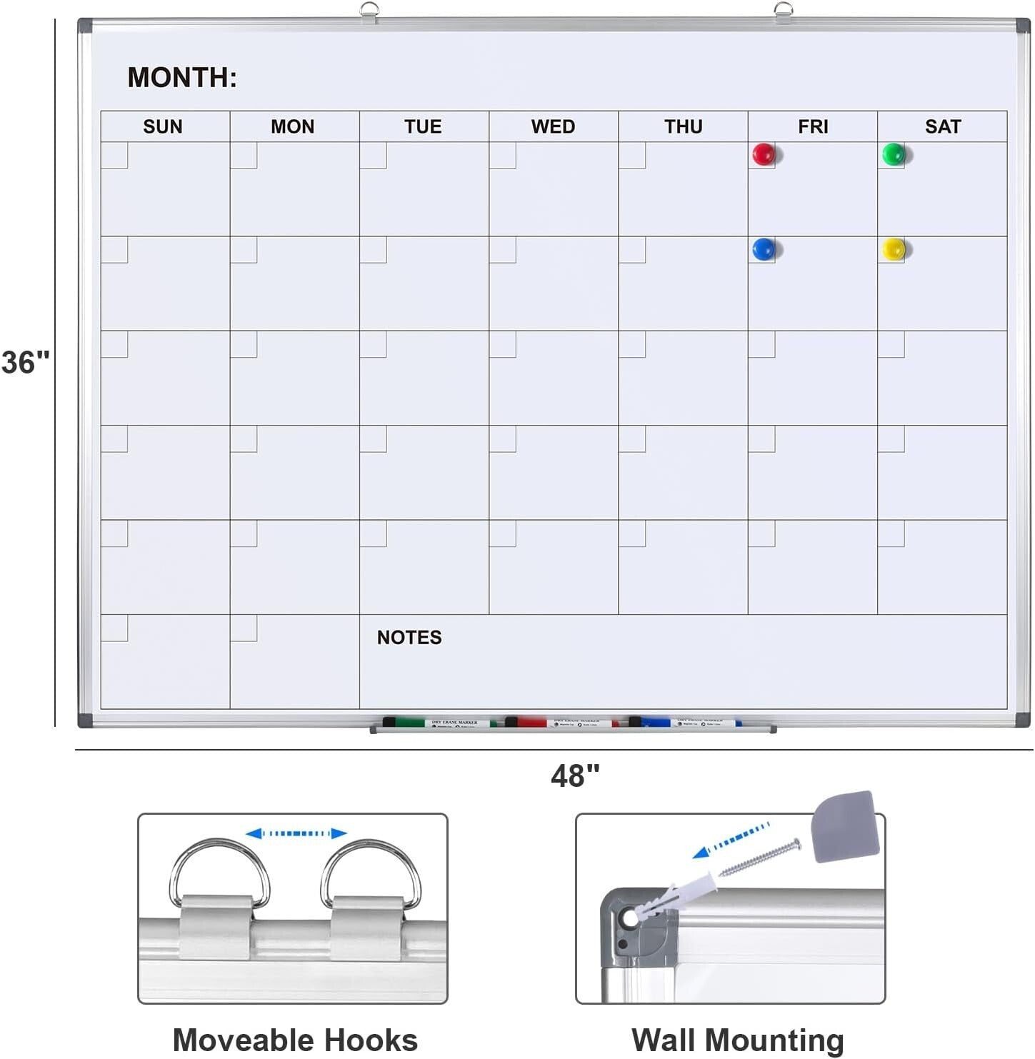 Easy Install Wall-Mounted Dry Erase Calendar - 48x36 for Efficient Planning