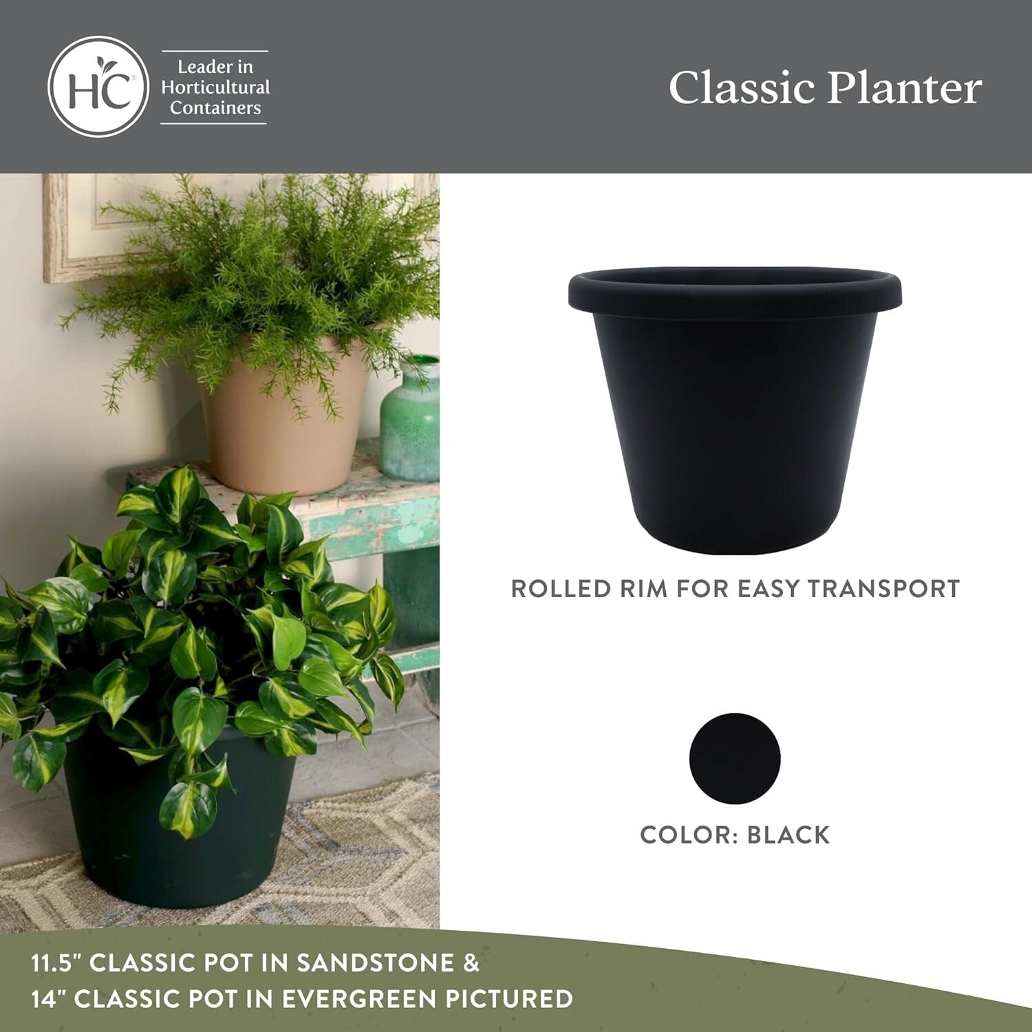 Stylish Classic 20" Black Plastic Garden Pots for Herbs & Flowers – Set of Two