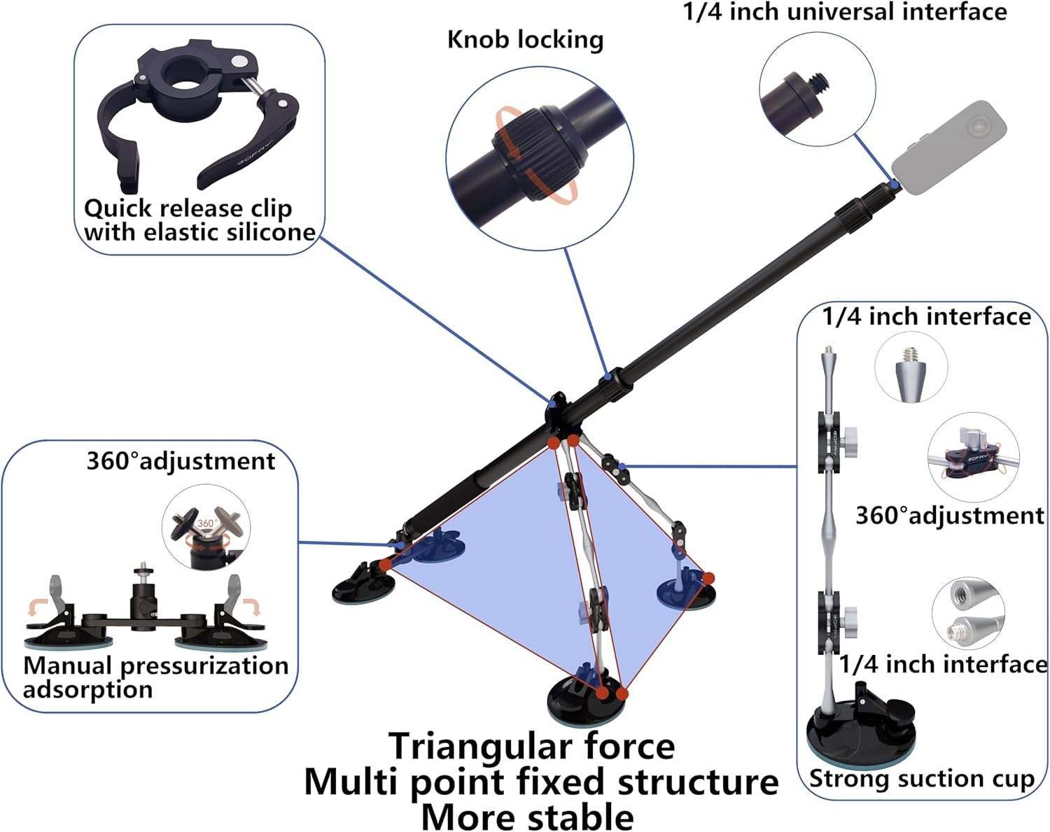Aviation Grade Aluminum Car Mount with 44-Inch Selfie Stick for Action Cameras