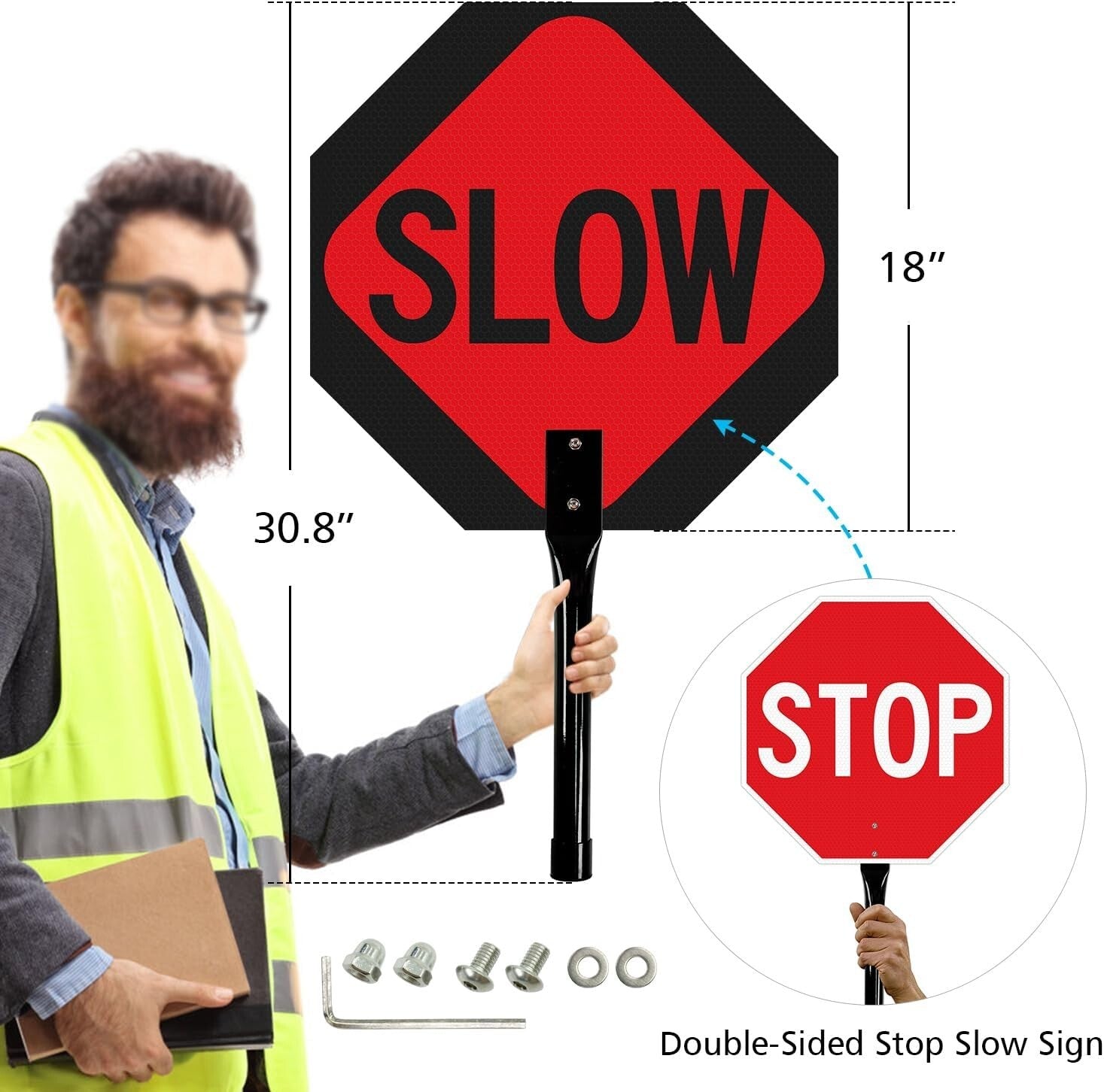 18x18 Double-Sided Stop Slow Sign with Metal Handle, 2 Pack - Reflective Safety