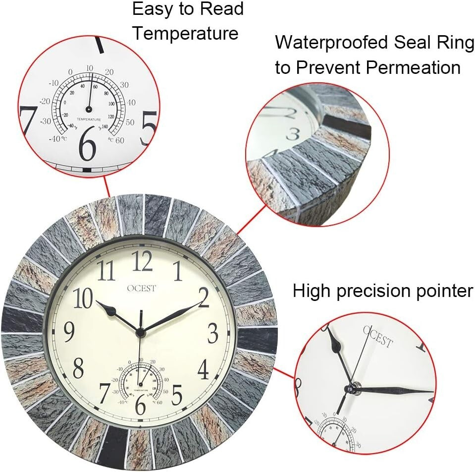 13-Inch Waterproof Wall Clock with Silent Thermometer - Elegant Farmhouse Design