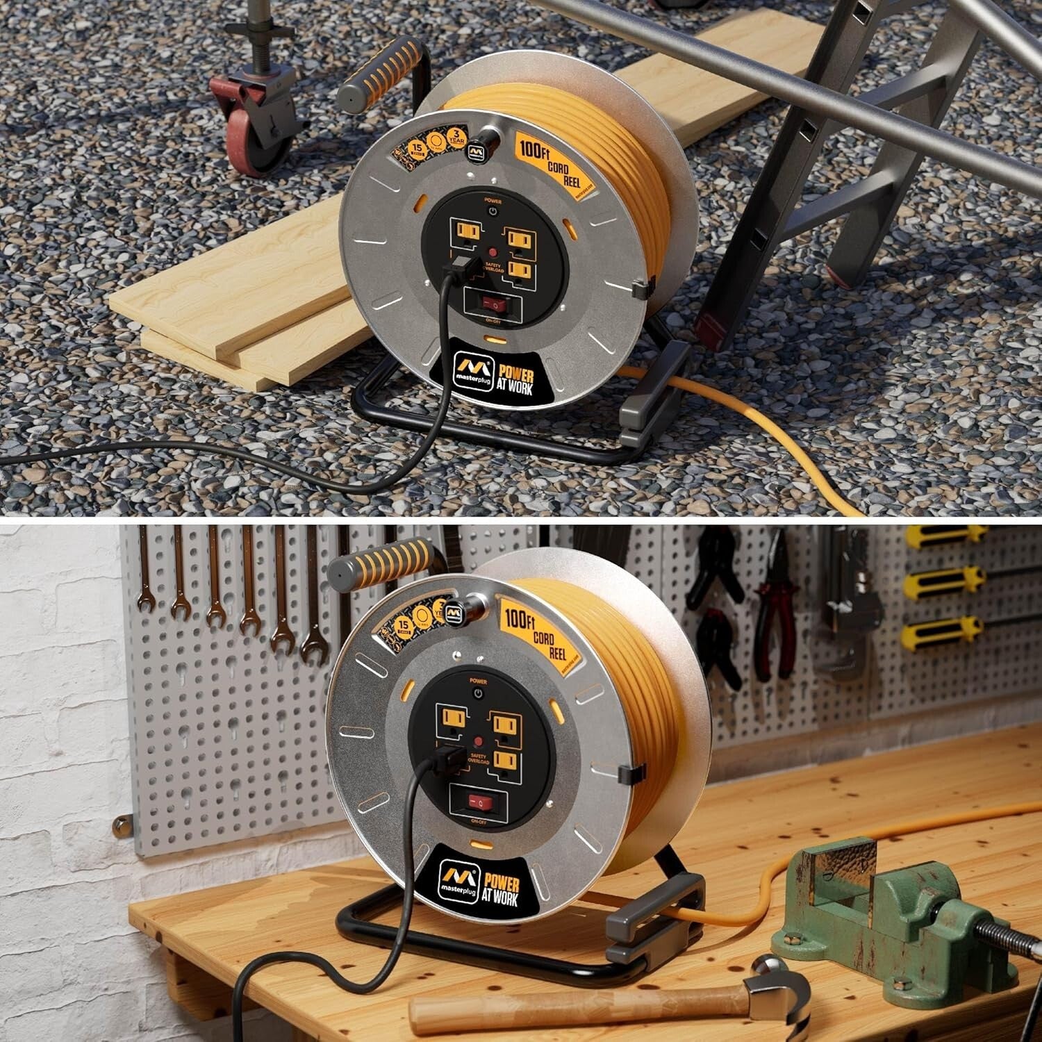 100ft Metal Cord Reel with 4 Outlets & Overload Protection - Safe Power Solution
