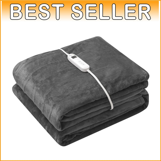 Dark Grey 10-Setting Electric Throw Blanket with Foot Pocket, Machine Washable