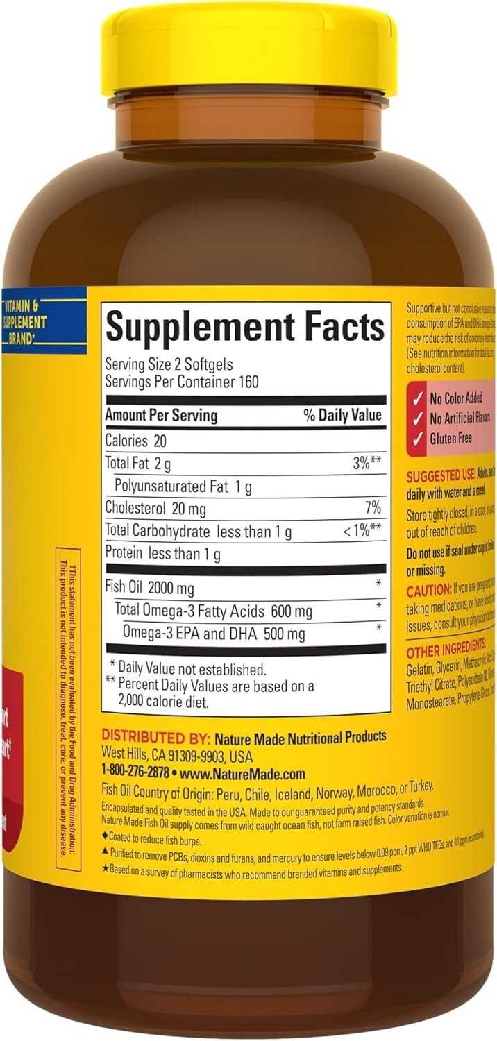 Purified 1000mg Omega-3 Fish Oil Softgels, 320 Count for Brain and Eye Health