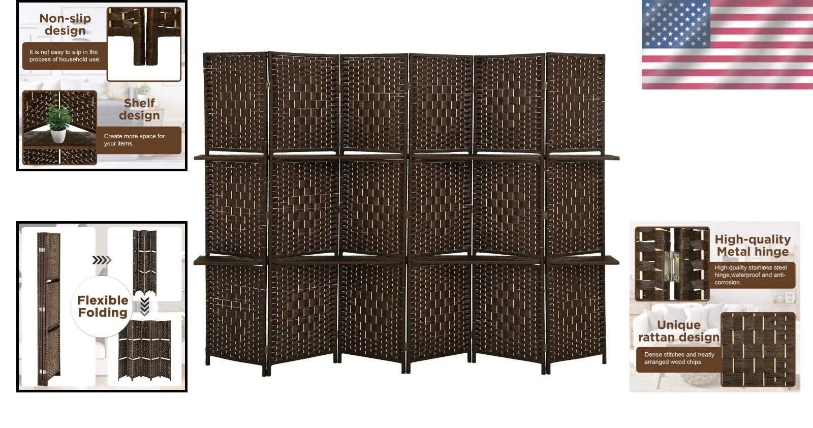 Versatile 6 Panel Wood Room Divider with Storage Shelves for Stylish Privacy