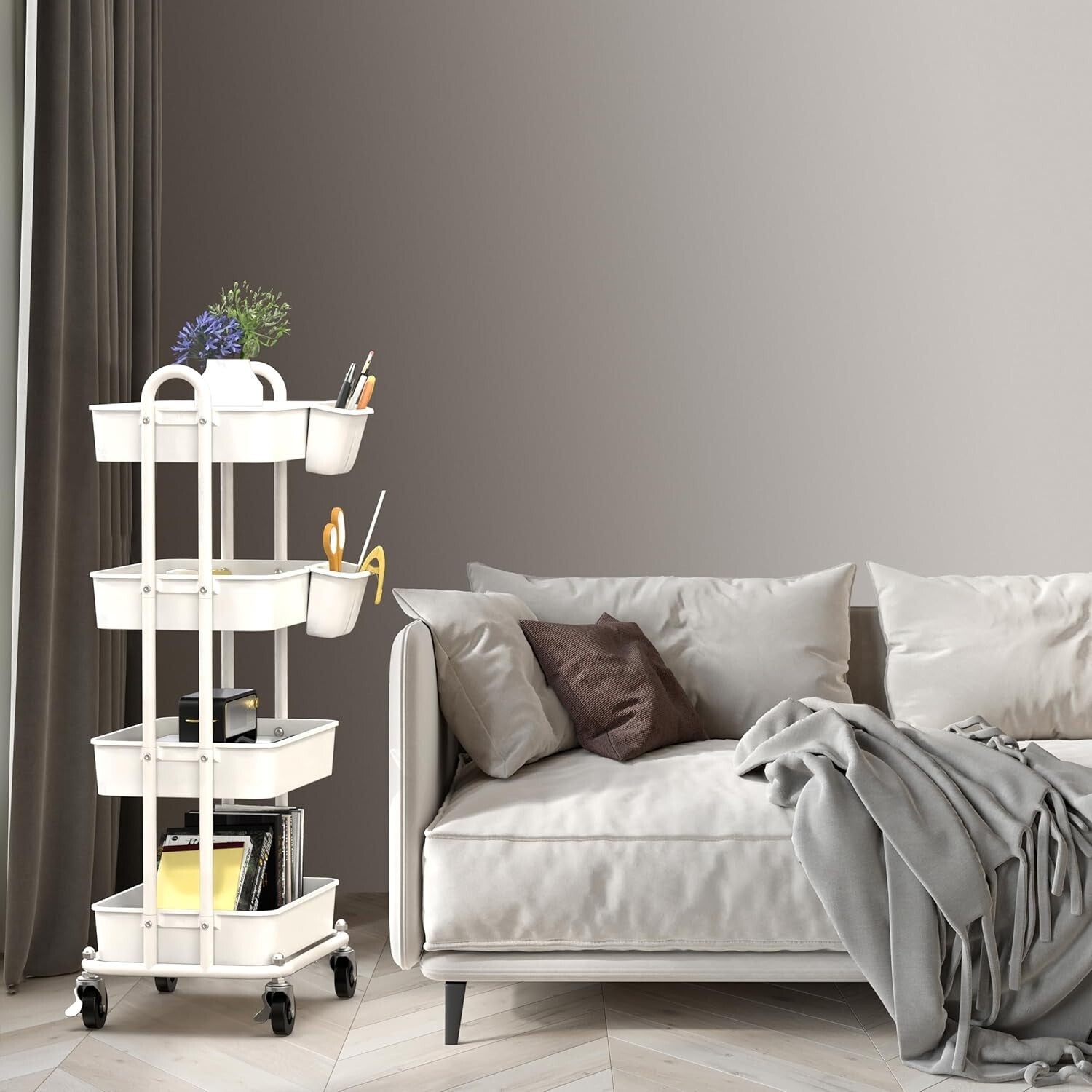 4-Tier Rolling Utility Cart with Hanging Buckets for Stylish Organization