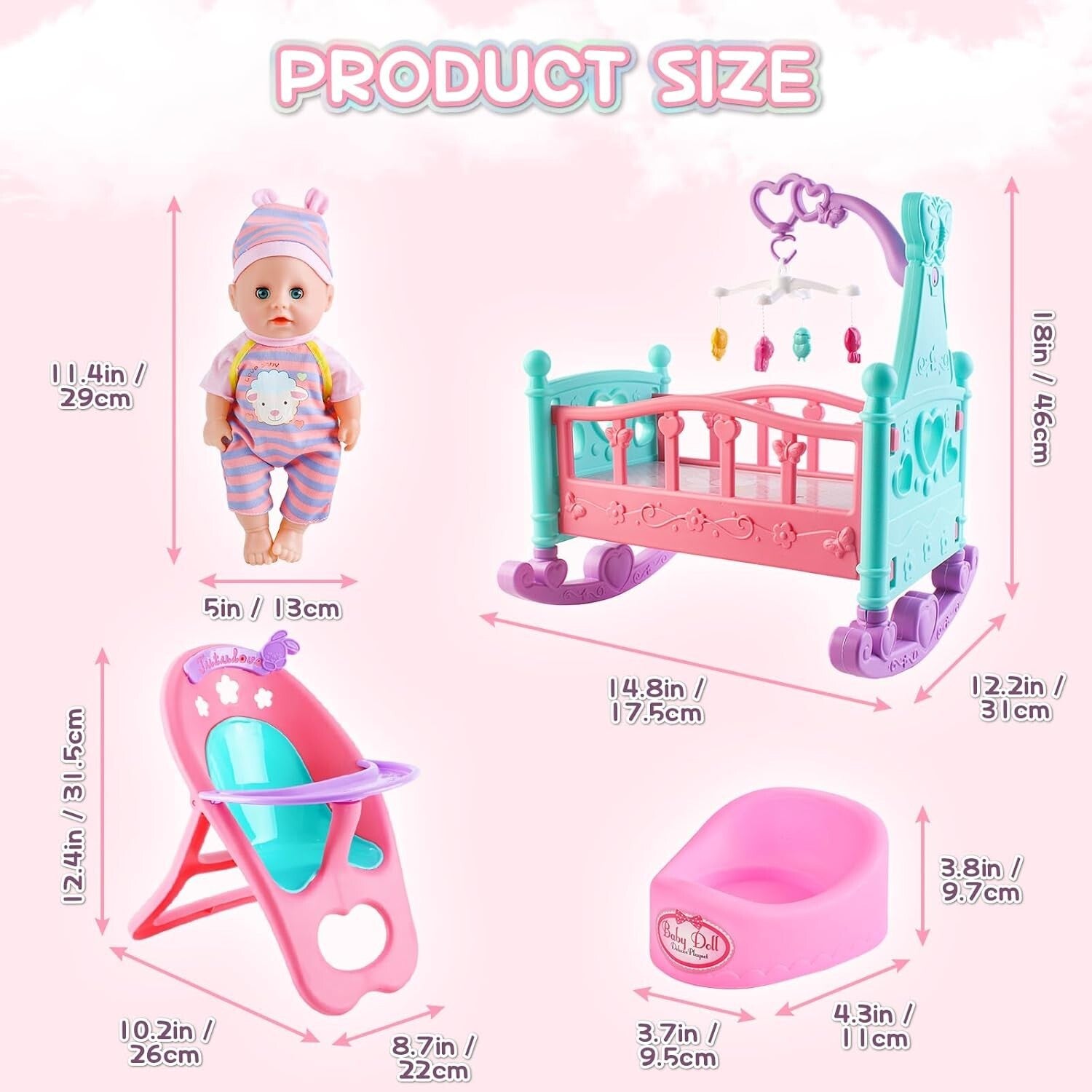 Safe 12” Baby Doll Toy Set with Crib, High Chair & Accessories for Pretend Play