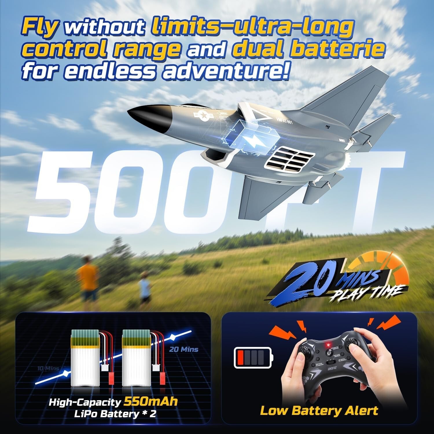 Brushless RC Airplane with Dual Takeoff Modes - 7400KV Power and 20 Min Flight