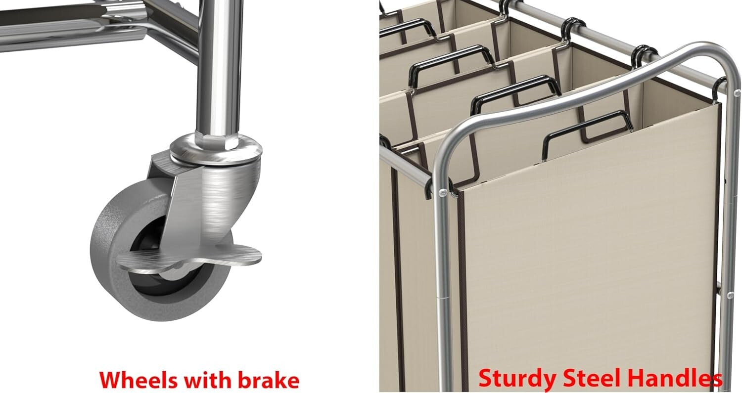 Efficient 4-Bag Heavy-Duty Laundry Cart with Smooth Rolling Casters in Chrome