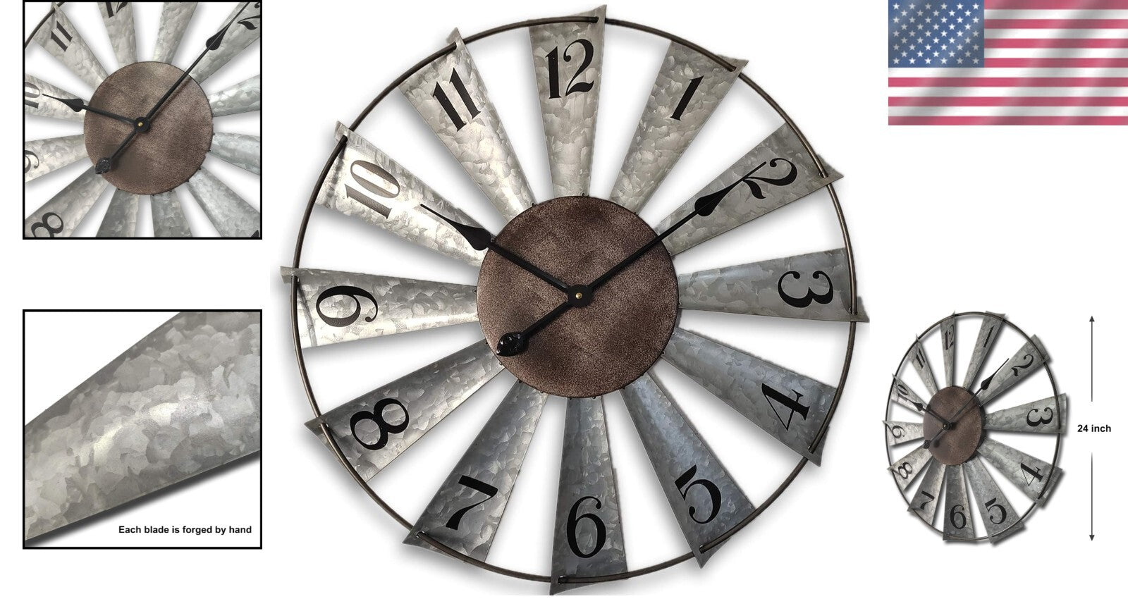 Charming 24-Inch Analog Wall Clock with Galvanized Metal Finish for Rustic Homes