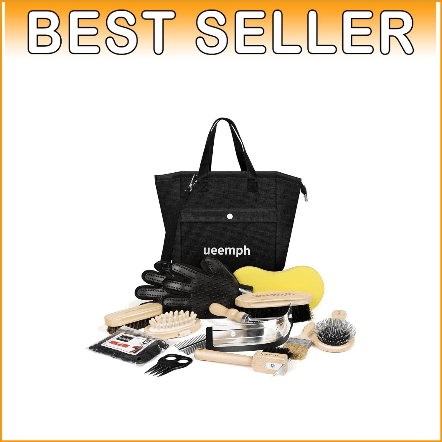 Durable Horse Grooming Set with Brushes, Gloves & Storage Tote - Black Edition