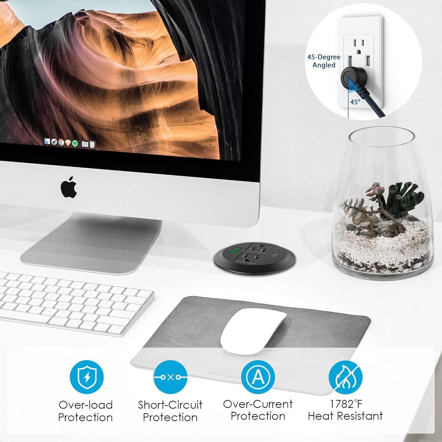 High-Speed Charging Desktop Grommet with 2 Outlets & 3 USB Ports - Easy Install