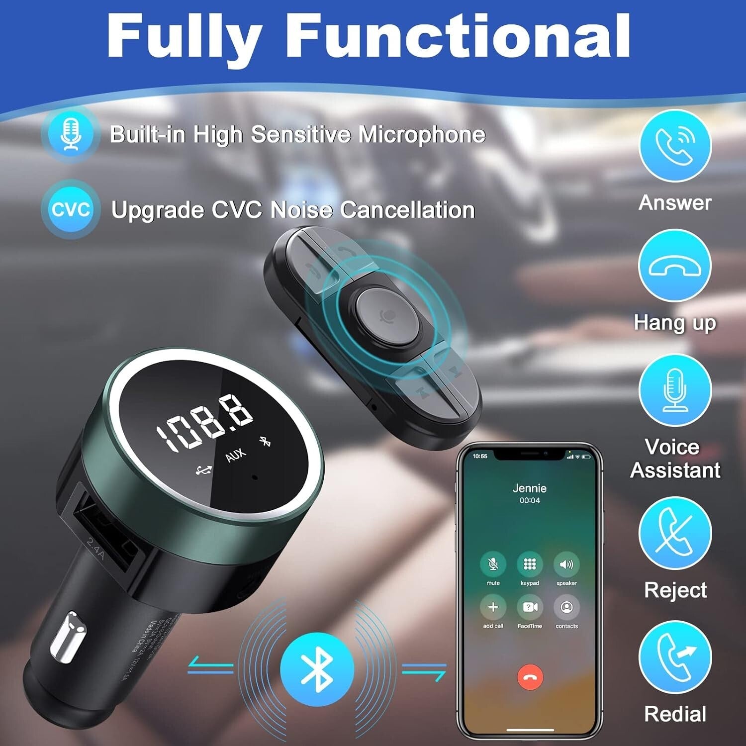 Bluetooth Car Adapter with Remote & Dual USB Charger - Hands-Free FM Transmitter