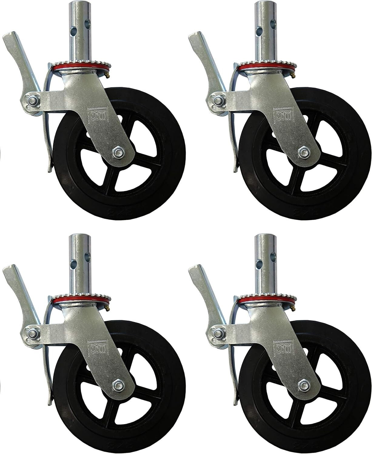 Set of 4 Heavy-Duty 8" Rubber Caster Wheels with Locking Brakes - 1100 lbs