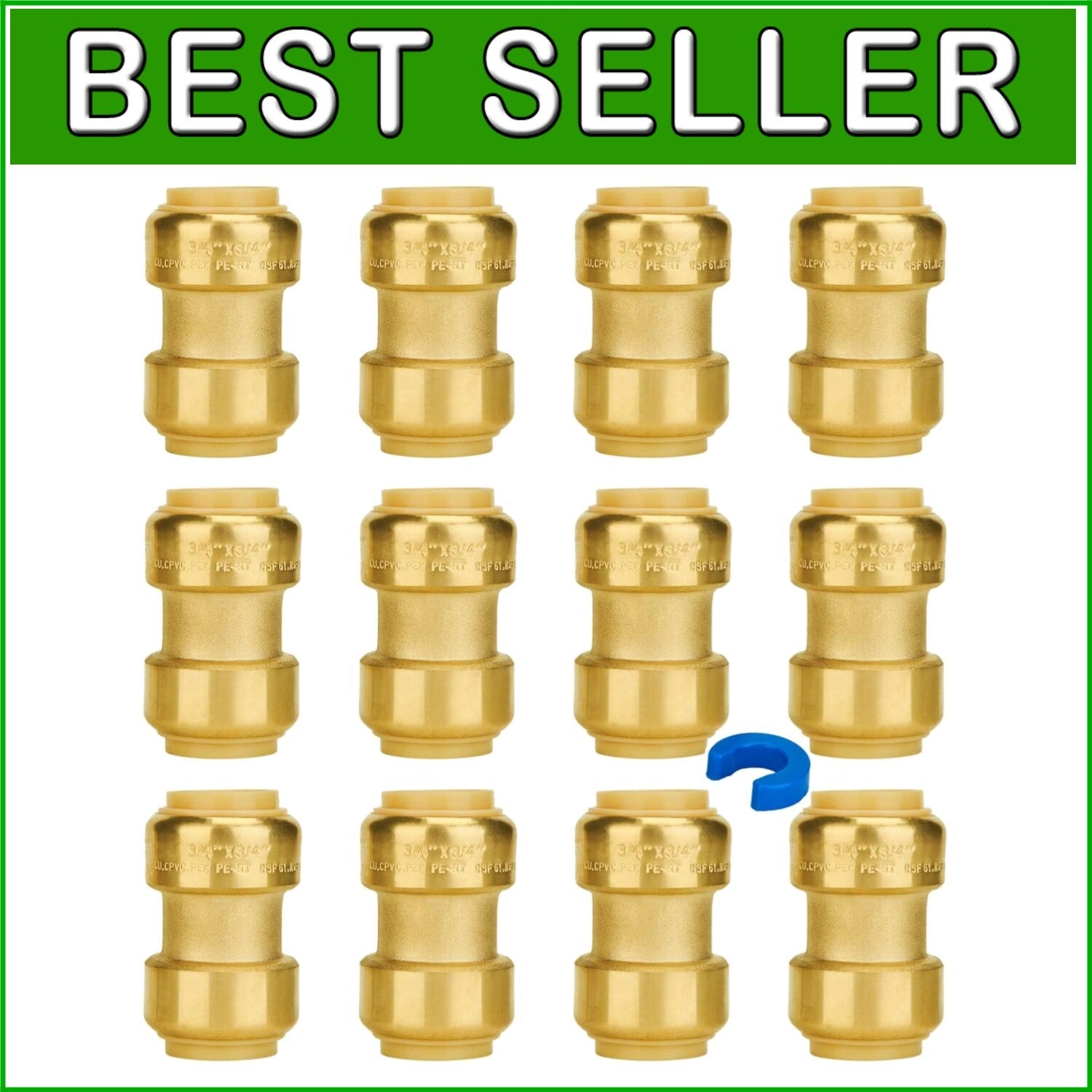 12 Pack of 3/4 Inch Lead-Free Brass Push-to-Connect Couplings for Plumbing