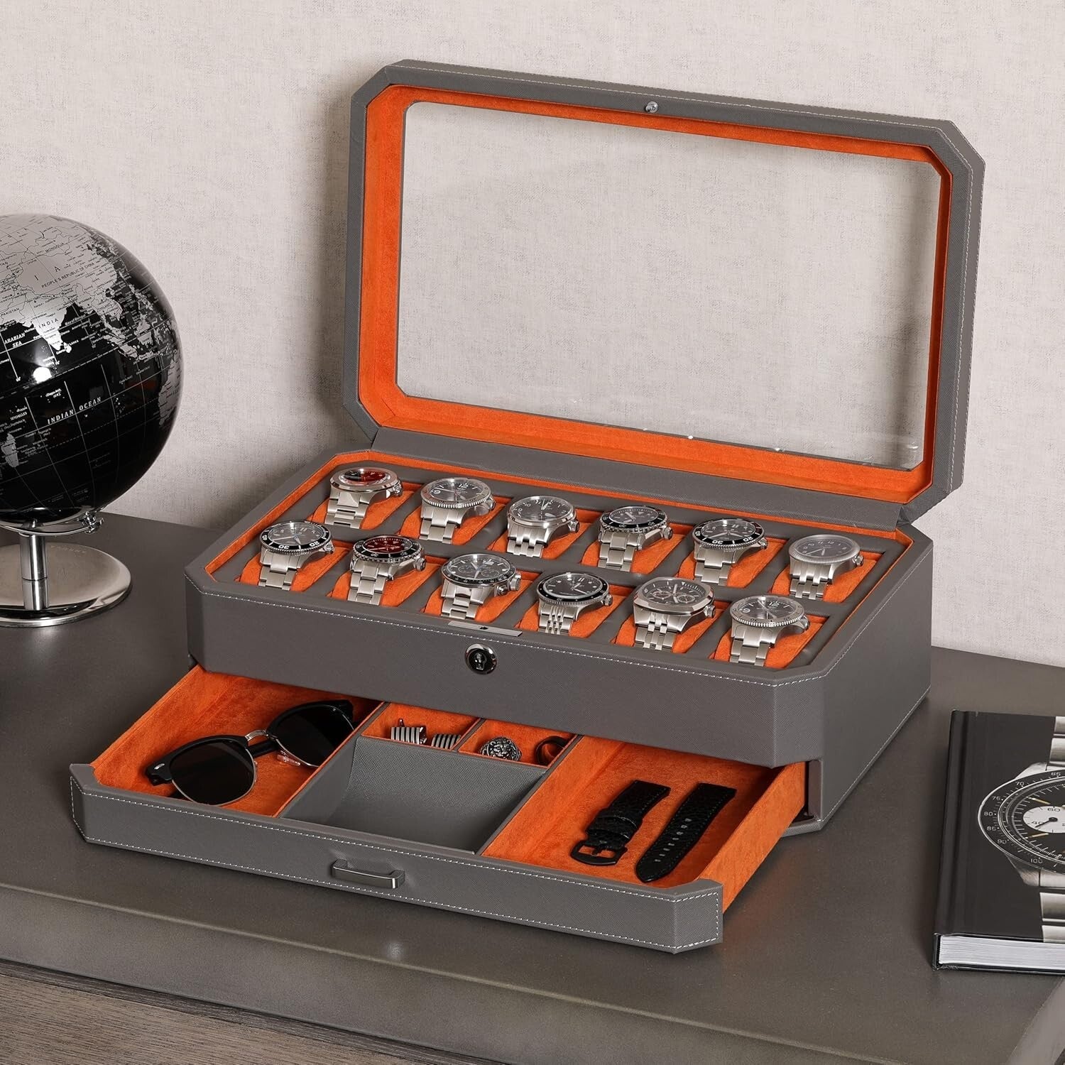 12 Slot Luxury Leather Watch Box with Valet Drawer - Elegant Storage Organizer