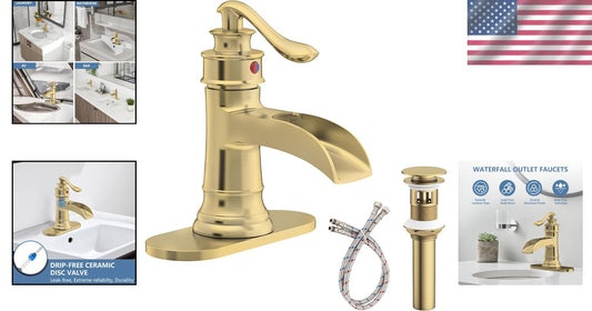 Brushed Gold Waterfall Sink Faucet - Durable Brass, Single Handle, All-Inclusive