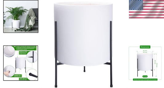 Stylish 16 Inch White Cylinder Plant Pot with Durable Metal Stand—Indoor/Outdoor