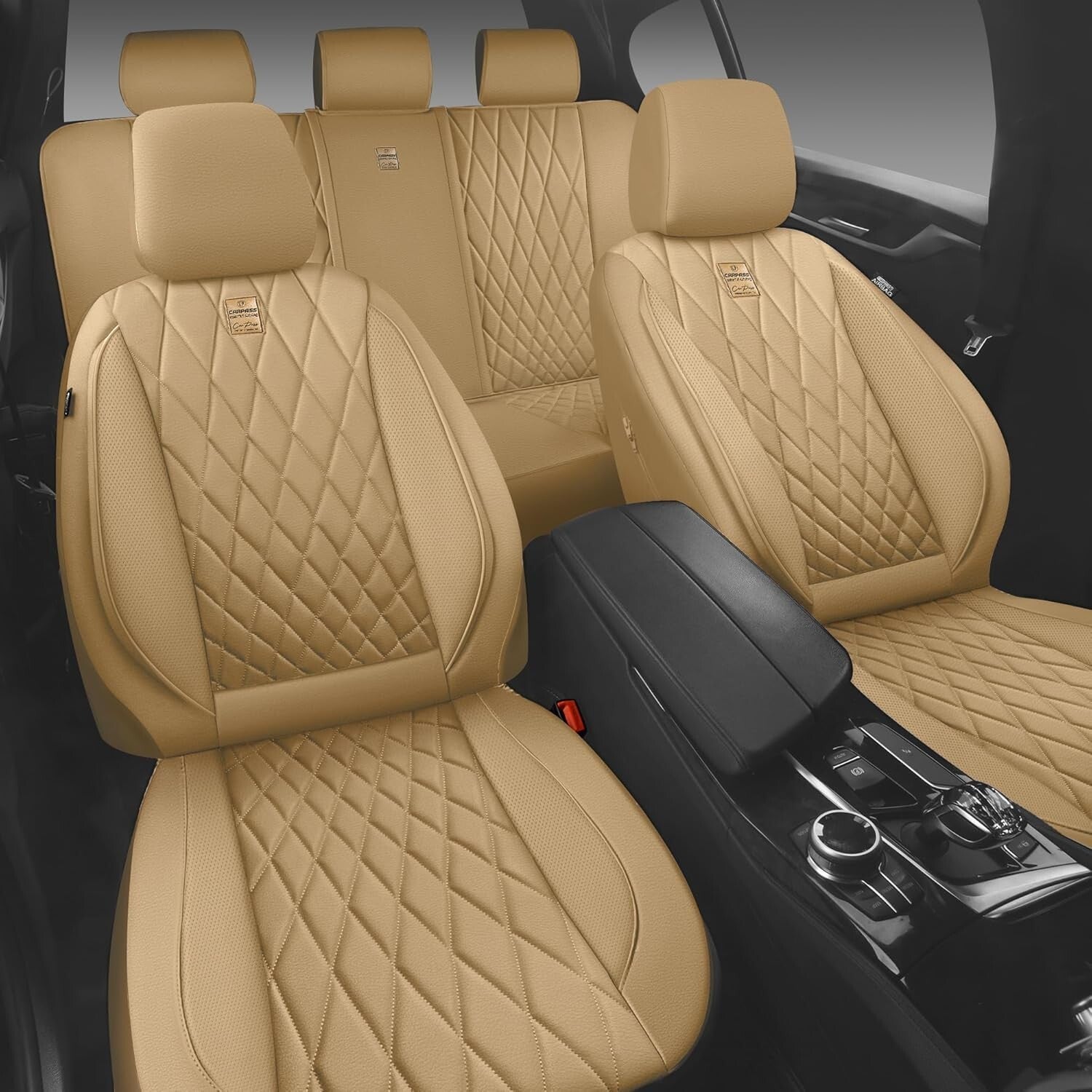 Ergonomic Universal Fit Leather Seat Covers in Pure Beige - Full Set for 5 Seats