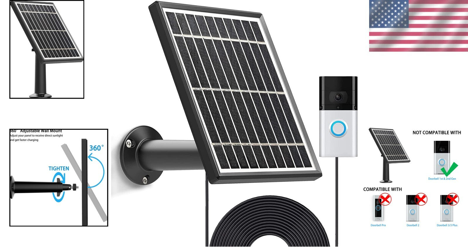 Durable Solar Panel Compatible with Ring Video Doorbell 1 - 16ft Cable Included
