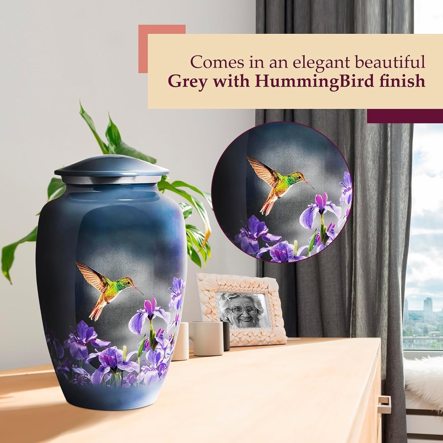 Large Decorative Burial Urn for Human Ashes - 200LB Capacity, Gray Hummingbird