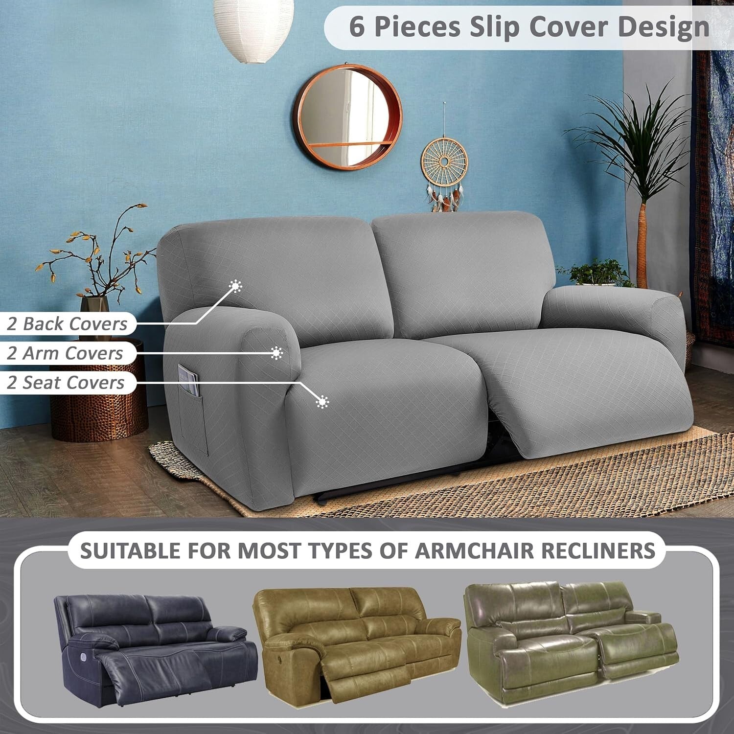 Extra Wide 75"-100" Reclining 2-Seater Jacquard Loveseat Slipcover - Light Grey